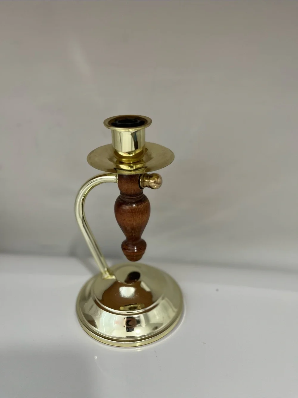 Vintage Convertible Gold-tone Metal & Wood Candle Holder w/ Clear Glass Votive